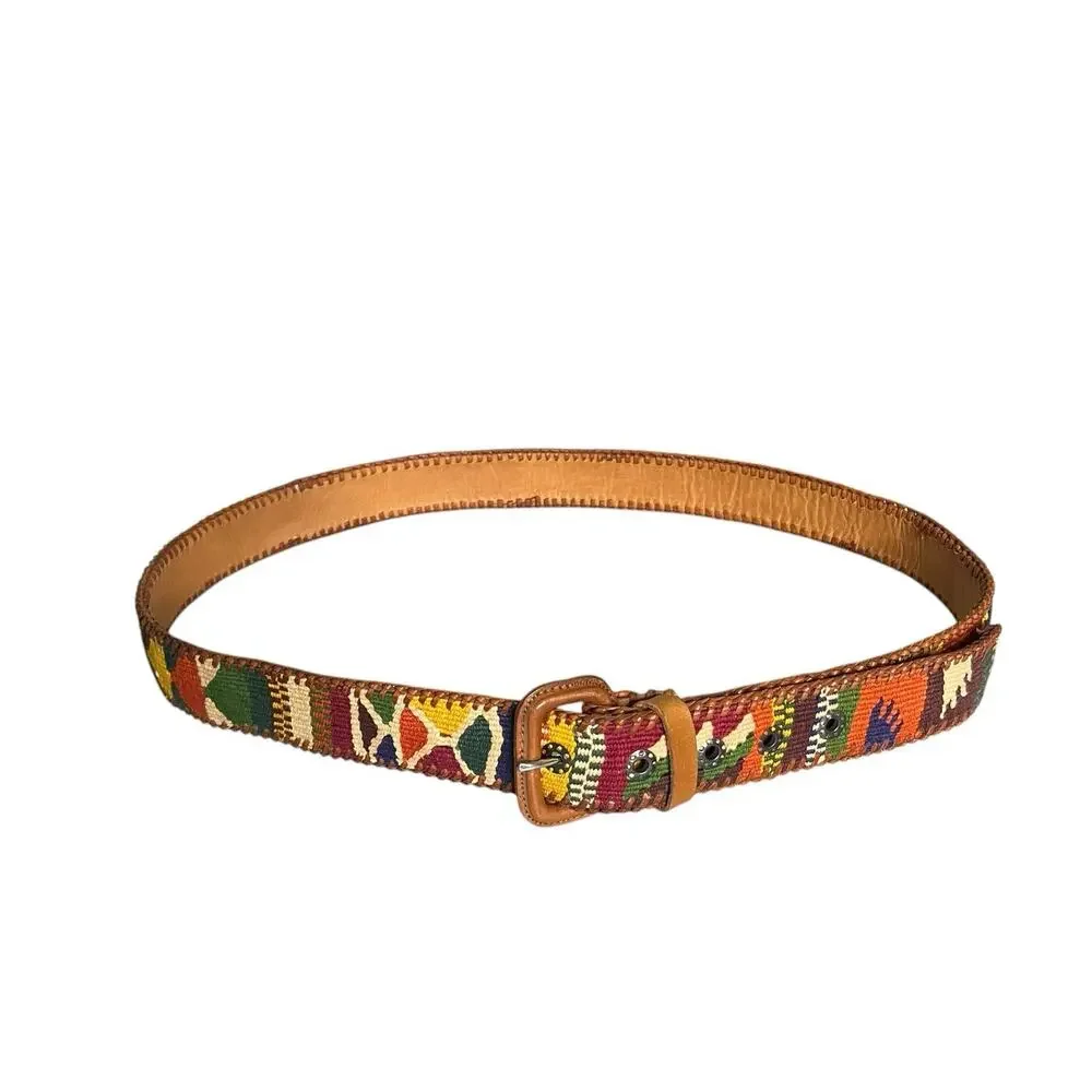 Handmade Leather Mayan Woven Textile Belt Unisex 42 Artisan Whipstitch Boho